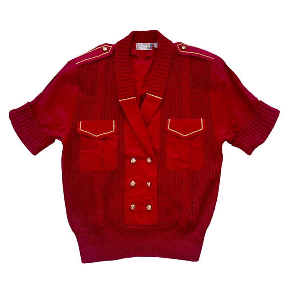 Vintage Claudia Barnes Chunky Knit V-Neck Sweater Size Large Red Gold